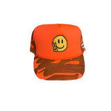 Safety Orange Camo Happy Trucker Hat (Solid Front)